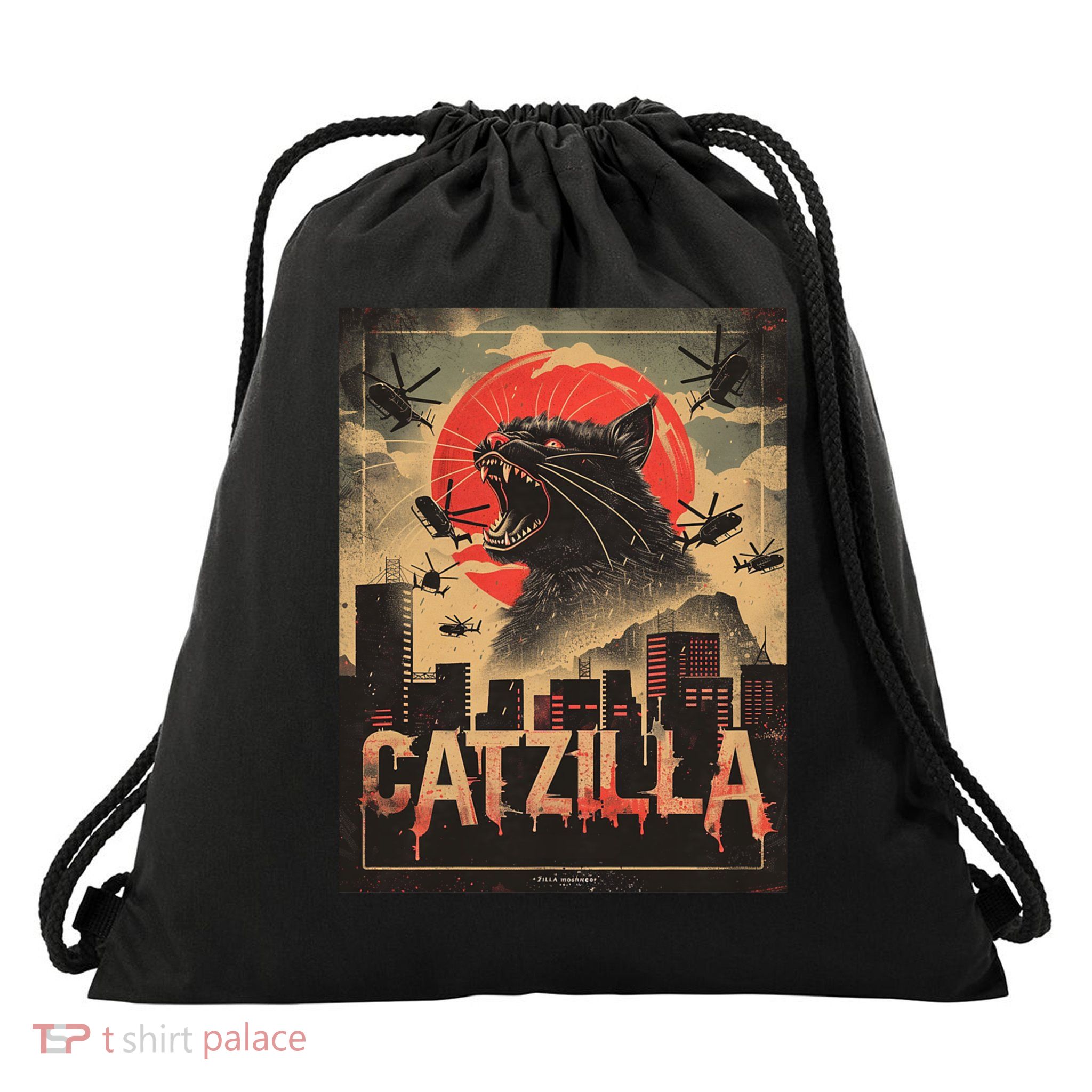 Catzilla Vintage Funny Cat Japanese Sunset Kitten Lover Drawstring Bag