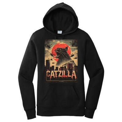 Catzilla Vintage Funny Cat Japanese Sunset Kitten Lover Women's Pullover Hoodie