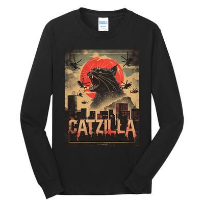 Catzilla Vintage Funny Cat Japanese Sunset Kitten Lover Tall Long Sleeve T-Shirt