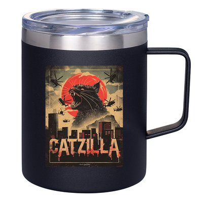 Catzilla Vintage Funny Cat Japanese Sunset Kitten Lover 12oz Stainless Steel Coffee Mug