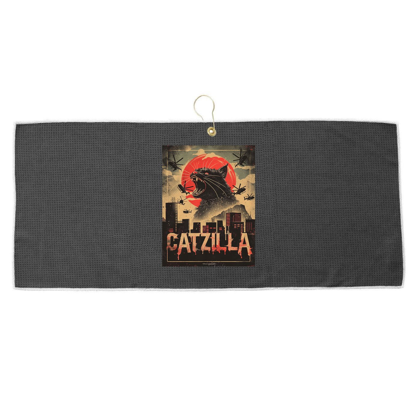Catzilla Vintage Funny Cat Japanese Sunset Kitten Lover Large Microfiber Waffle Golf Towel
