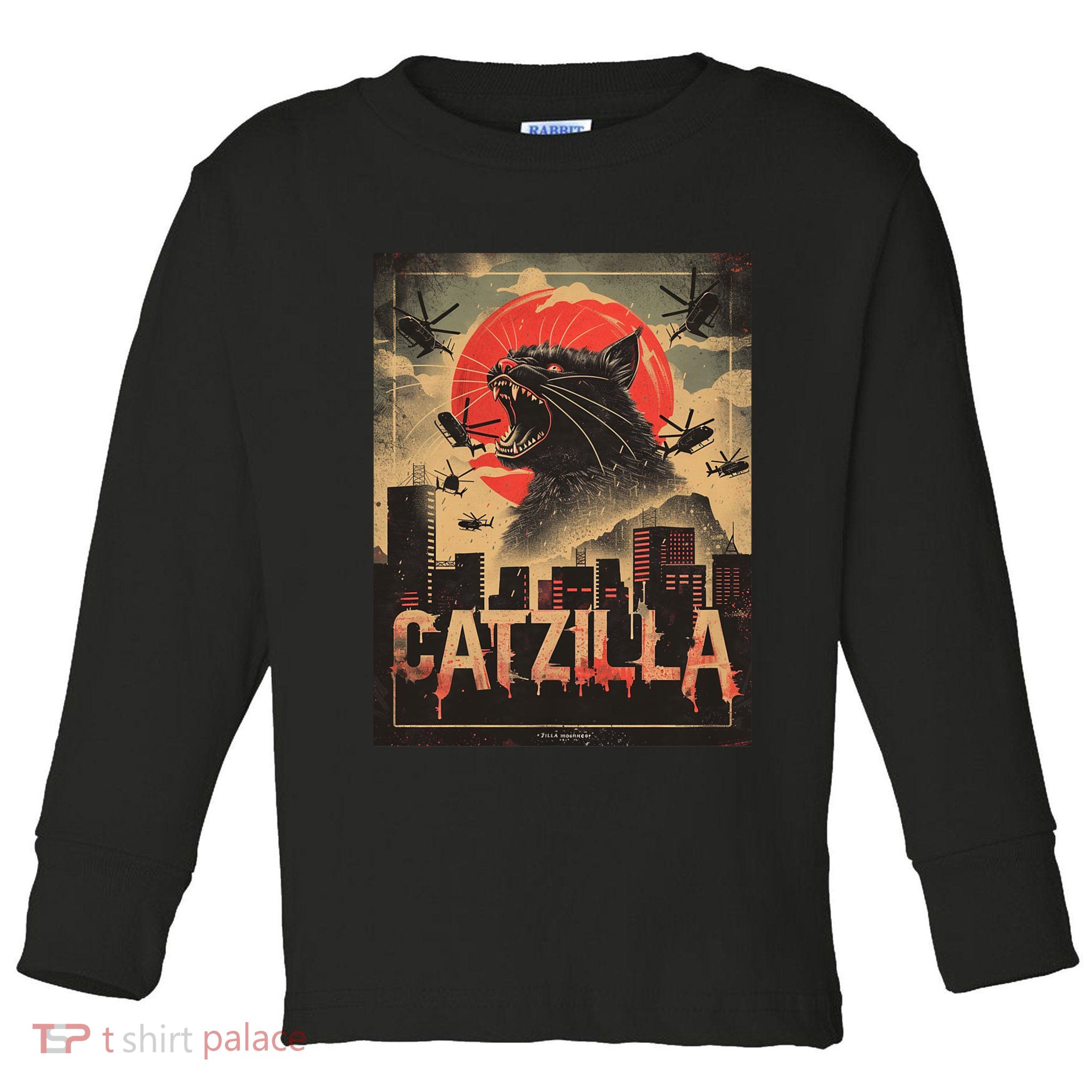 Catzilla Vintage Funny Cat Japanese Sunset Kitten Lover Toddler Long Sleeve Shirt
