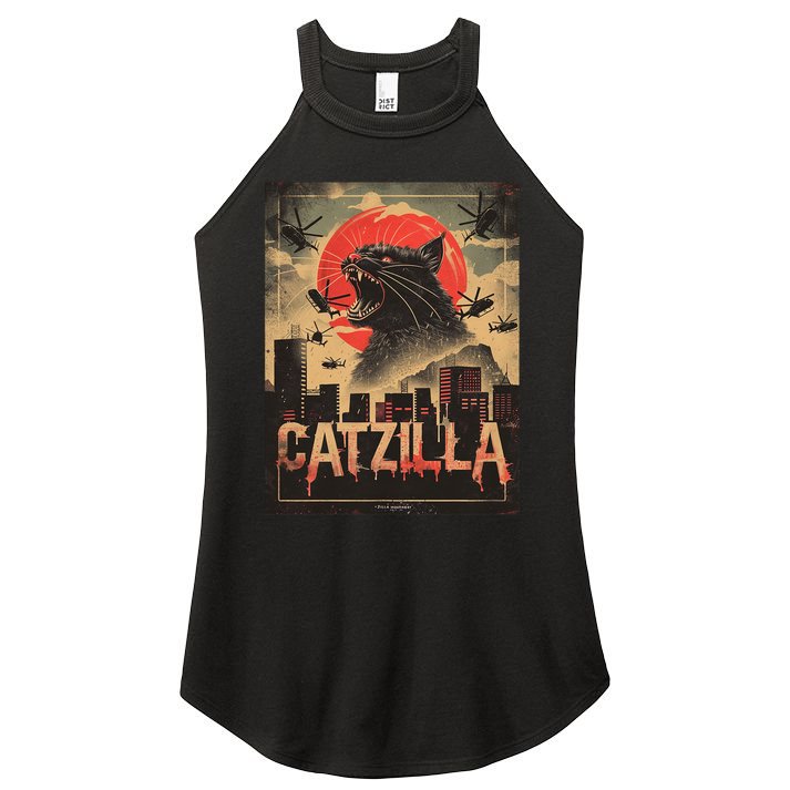 Catzilla Vintage Funny Cat Japanese Sunset Kitten Lover Women's Perfect Tri Rocker Tank