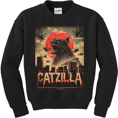 Catzilla Vintage Funny Cat Japanese Sunset Kitten Lover Kids Sweatshirt