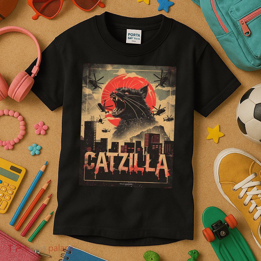 Catzilla Vintage Funny Cat Japanese Sunset Kitten Lover Kids T-Shirt