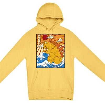 Catzilla Vintage Funny Cute Cat Art Japanese Sunset Premium Pullover Hoodie