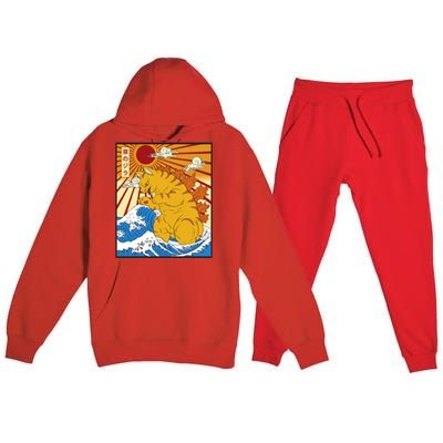 Catzilla Vintage Funny Cute Cat Art Japanese Sunset Premium Hooded Sweatsuit Set