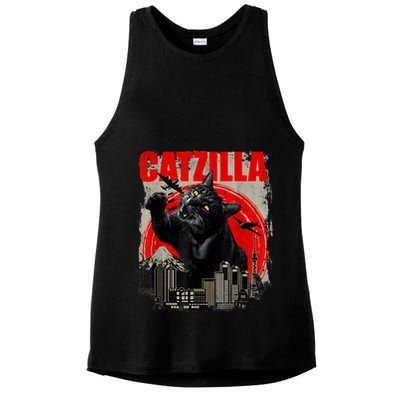 Catzilla Vintage Funny Cute Cat Art Japanese Sunset Kitten Kitty Ladies PosiCharge Tri-Blend Wicking Tank
