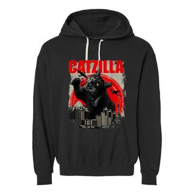 Catzilla Vintage Funny Cute Cat Art Japanese Sunset Kitten Kitty Garment-Dyed Fleece Hoodie