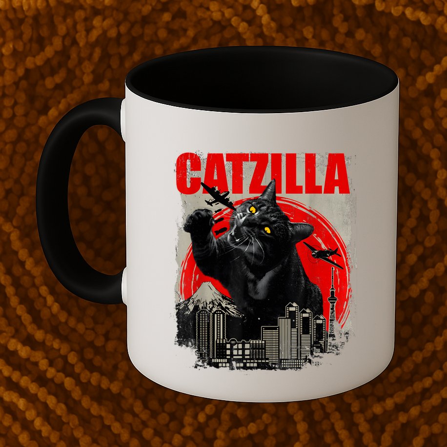 Catzilla Vintage Funny Cute Cat Art Japanese Sunset Kitten Kitty Mug