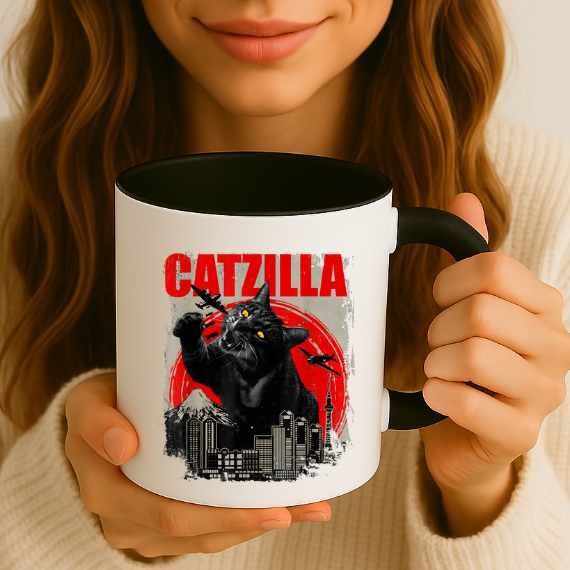 Catzilla Vintage Funny Cute Cat Art Japanese Sunset Kitten Kitty Mug
