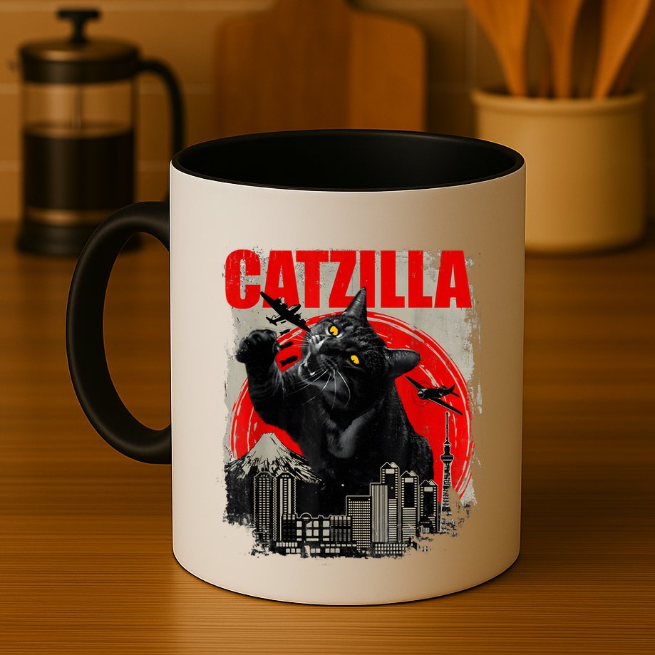Catzilla Vintage Funny Cute Cat Art Japanese Sunset Kitten Kitty Mug
