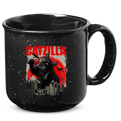 Catzilla Vintage Funny Cute Cat Art Japanese Sunset Kitten Kitty 15oz Campfire Ceramic Mug