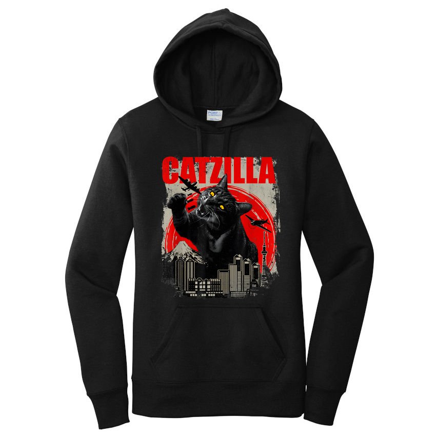 Catzilla Vintage Funny Cute Cat Art Japanese Sunset Kitten Kitty Women's Pullover Hoodie
