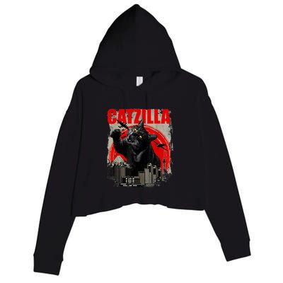 Catzilla Vintage Funny Cute Cat Art Japanese Sunset Kitten Kitty Crop Fleece Hoodie