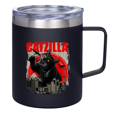 Catzilla Vintage Funny Cute Cat Art Japanese Sunset Kitten Kitty 12oz Stainless Steel Coffee Mug