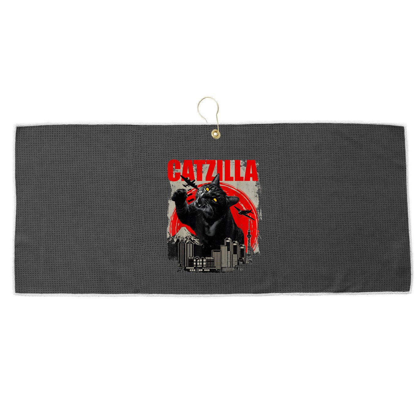Catzilla Vintage Funny Cute Cat Art Japanese Sunset Kitten Kitty Large Microfiber Waffle Golf Towel