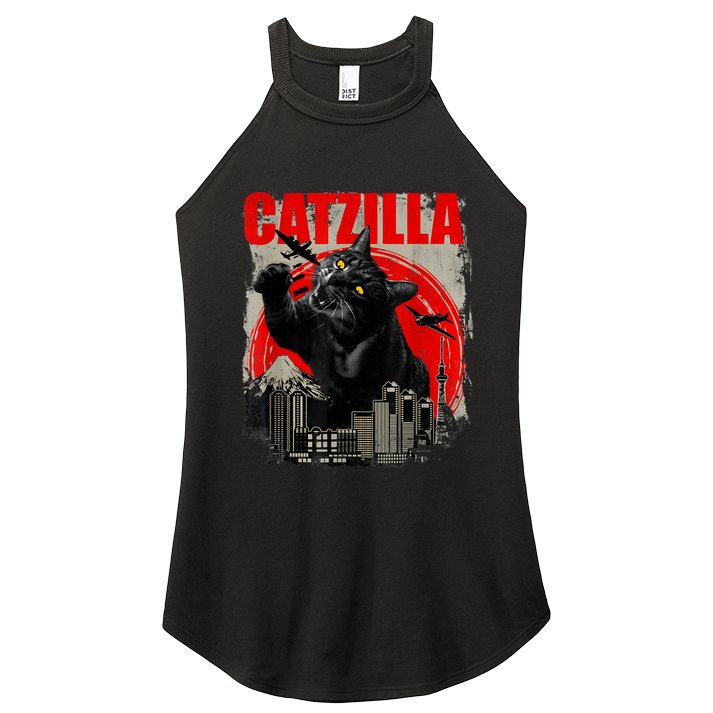 Catzilla Vintage Funny Cute Cat Art Japanese Sunset Kitten Kitty Women's Perfect Tri Rocker Tank