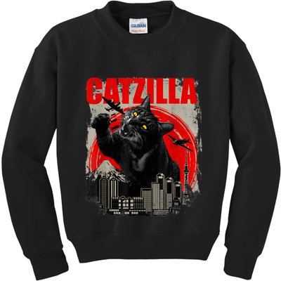 Catzilla Vintage Funny Cute Cat Art Japanese Sunset Kitten Kitty Kids Sweatshirt