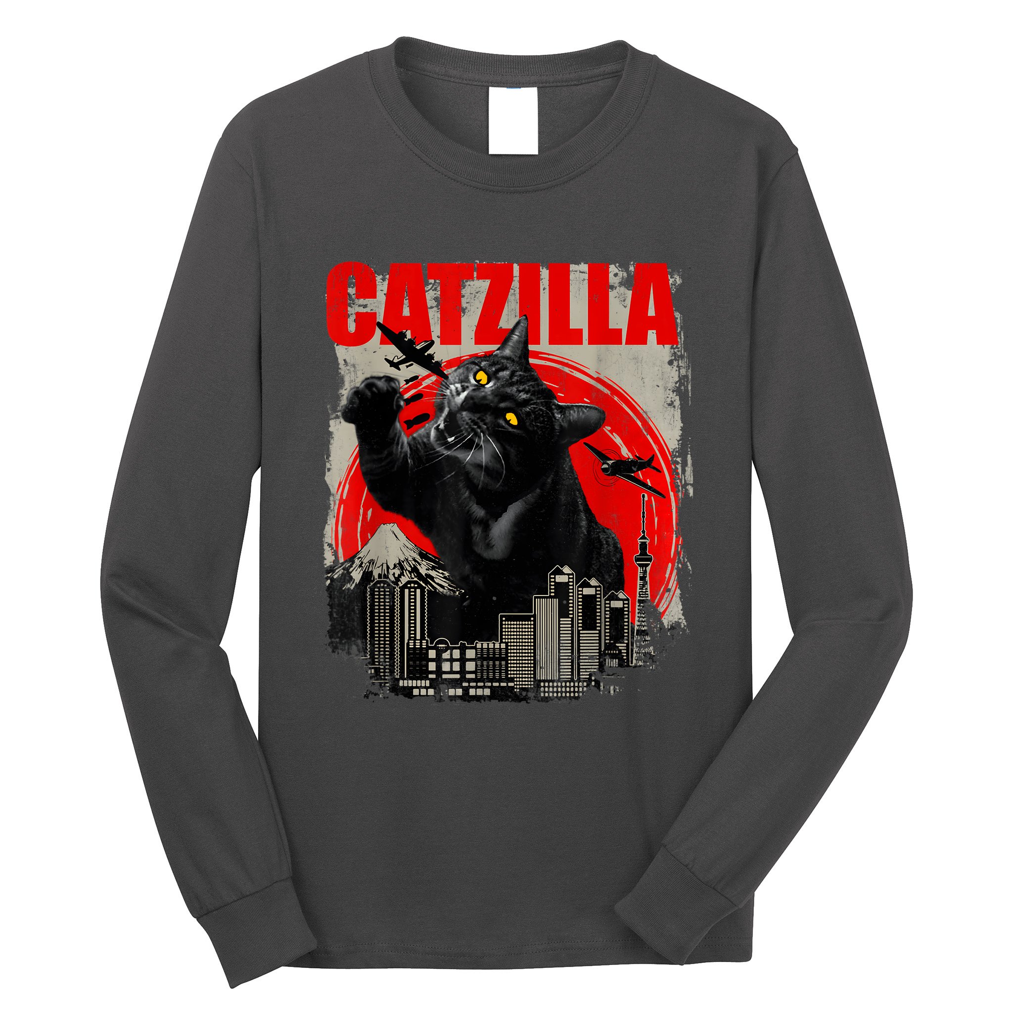 Catzilla Vintage Funny Cute Cat Art Japanese Sunset Kitten Kitty Long Sleeve Shirt