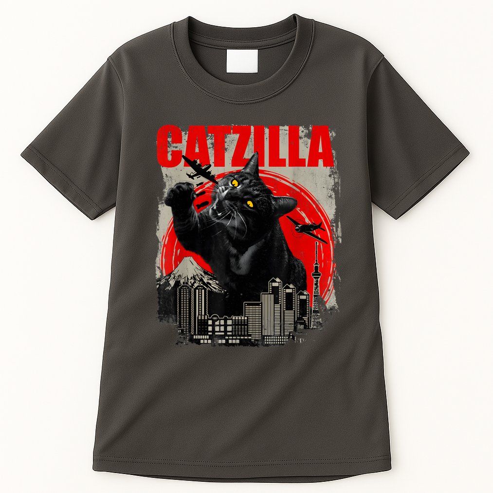 Catzilla Vintage Funny Cute Cat Art Japanese Sunset Kitten Kitty Tall T-Shirt