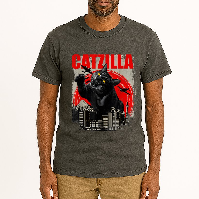 Catzilla Vintage Funny Cute Cat Art Japanese Sunset Kitten Kitty Tall T-Shirt