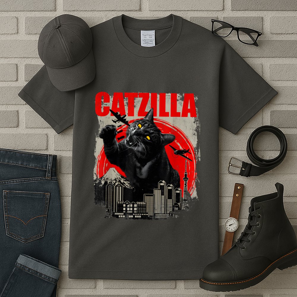 Catzilla Vintage Funny Cute Cat Art Japanese Sunset Kitten Kitty Tall T-Shirt