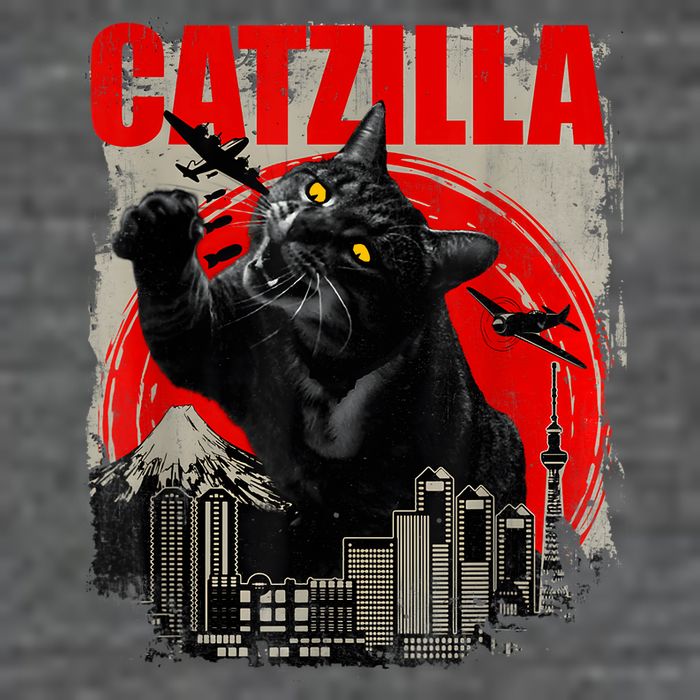 Catzilla Vintage Funny Cute Cat Art Japanese Sunset Kitten Kitty Tall T-Shirt