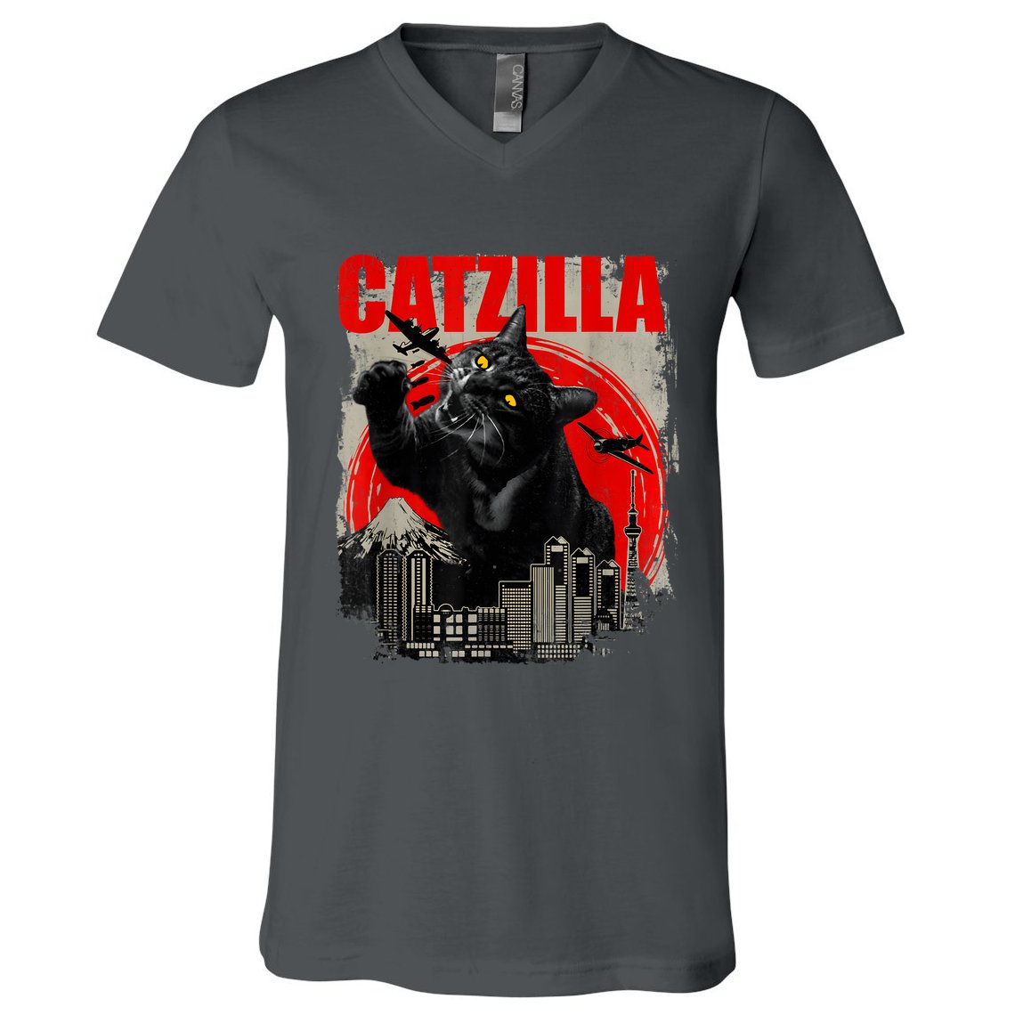 Catzilla Vintage Funny Cute Cat Art Japanese Sunset Kitten Kitty V-Neck T-Shirt