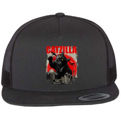 Catzilla Vintage Funny Cute Cat Art Japanese Sunset Kitten Kitty Flatbill Hat