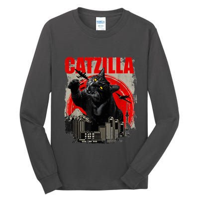 Catzilla Vintage Funny Cute Cat Art Japanese Sunset Kitten Kitty Tall Long Sleeve T-Shirt