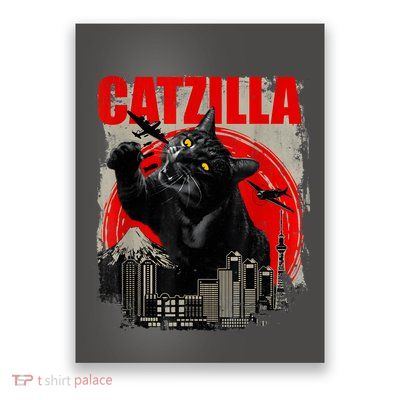 Catzilla Vintage Funny Cute Cat Art Japanese Sunset Kitten Kitty Poster
