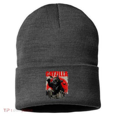 Catzilla Vintage Funny Cute Cat Art Japanese Sunset Kitten Kitty Sustainable Knit Beanie