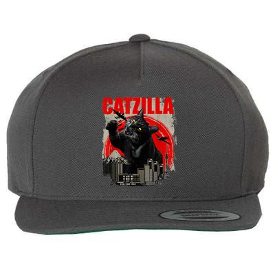Catzilla Vintage Funny Cute Cat Art Japanese Sunset Kitten Kitty Wool Snapback Cap