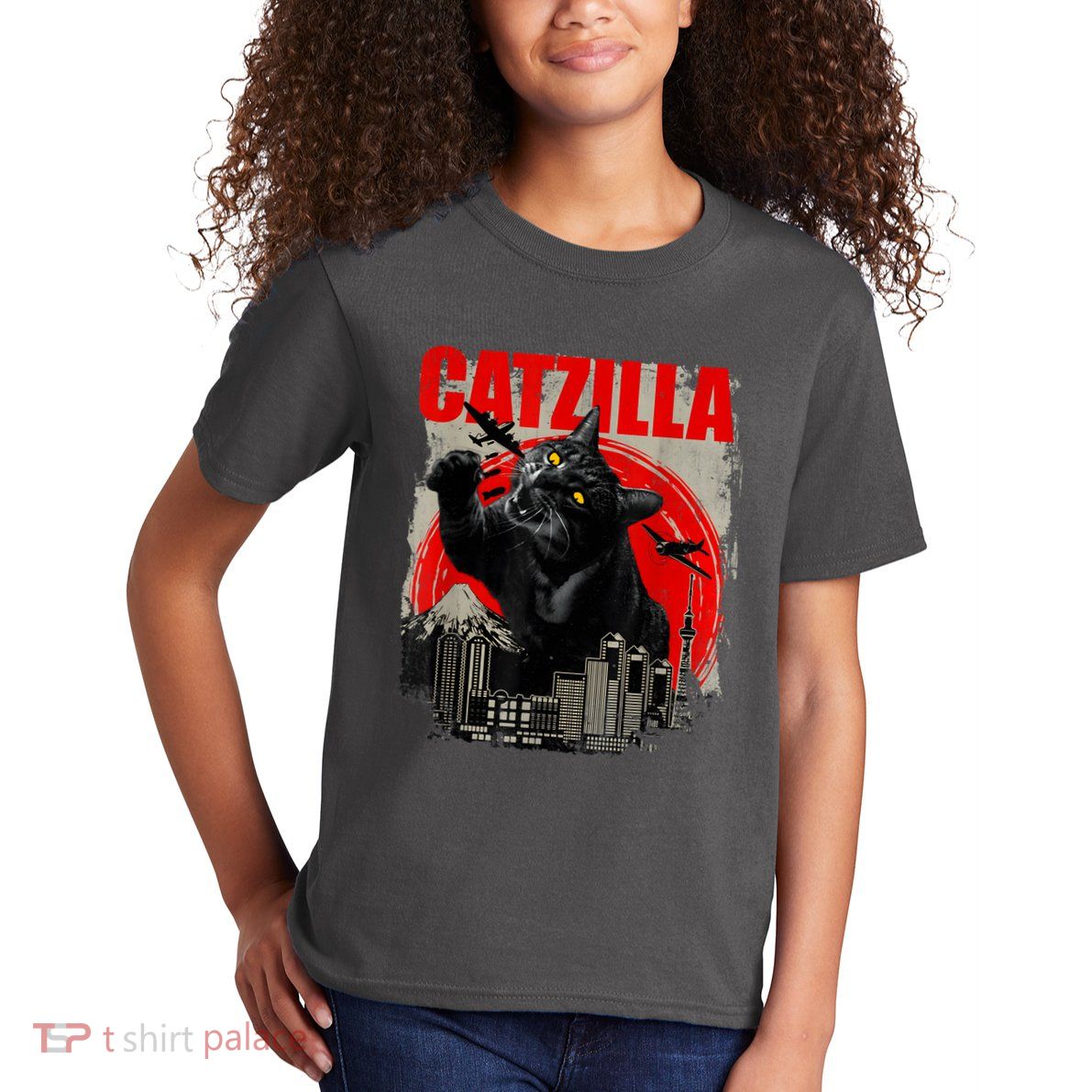 Catzilla Vintage Funny Cute Cat Art Japanese Sunset Kitten Kitty Kids T-Shirt