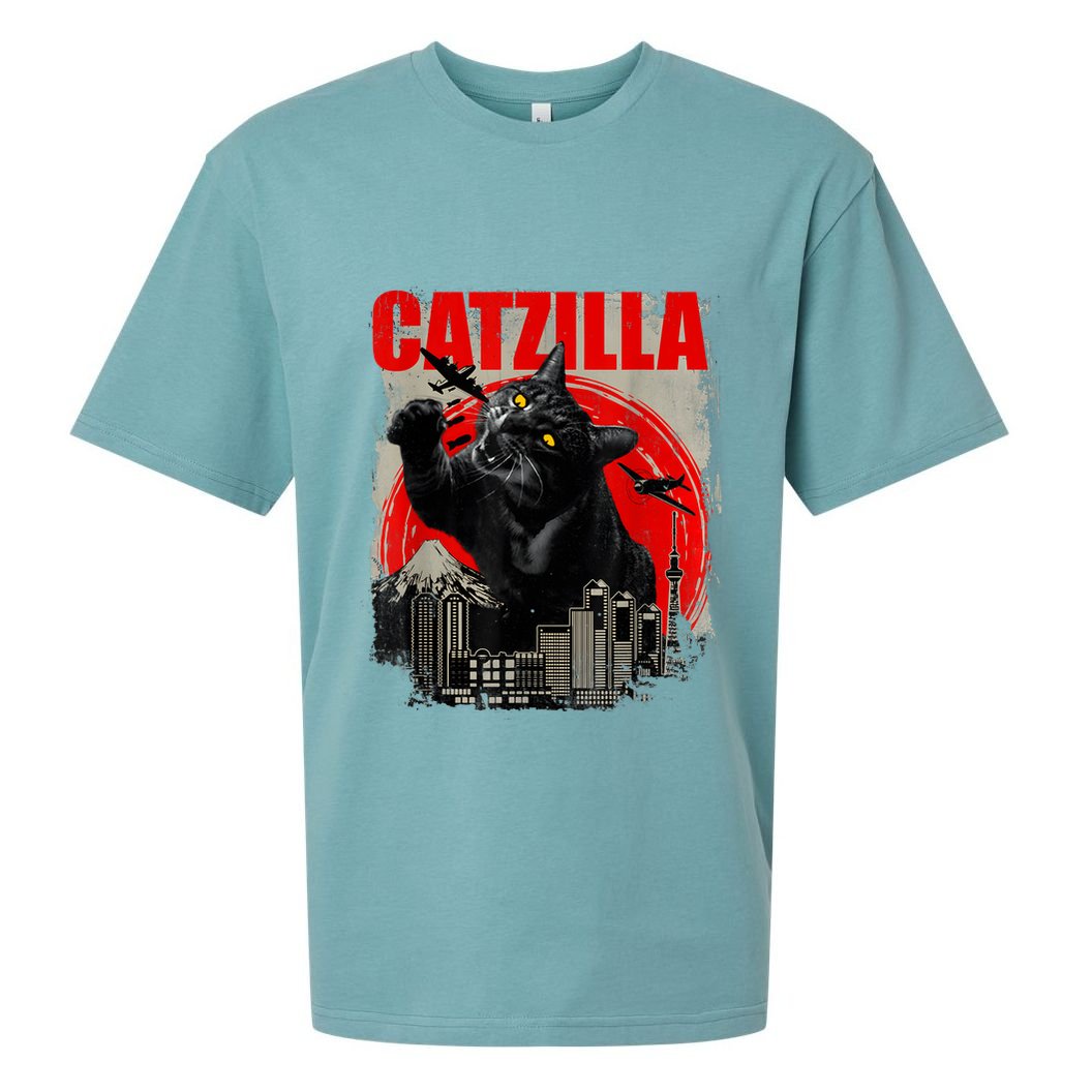 Catzilla Vintage Funny Cute Cat Art Japanese Sunset Kitten Kitty Sueded Cloud Jersey T-Shirt