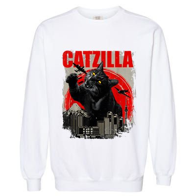 Catzilla Vintage Funny Cute Cat Art Japanese Sunset Kitten Kitty Garment-Dyed Sweatshirt