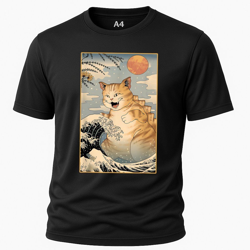 Catzilla Vintage Funny Cute Cat Art Japanese Sunset Kitten Lovers Cooling Performance Crew T-Shirt