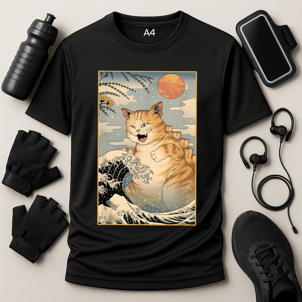 Catzilla Vintage Funny Cute Cat Art Japanese Sunset Kitten Lovers Cooling Performance Crew T-Shirt