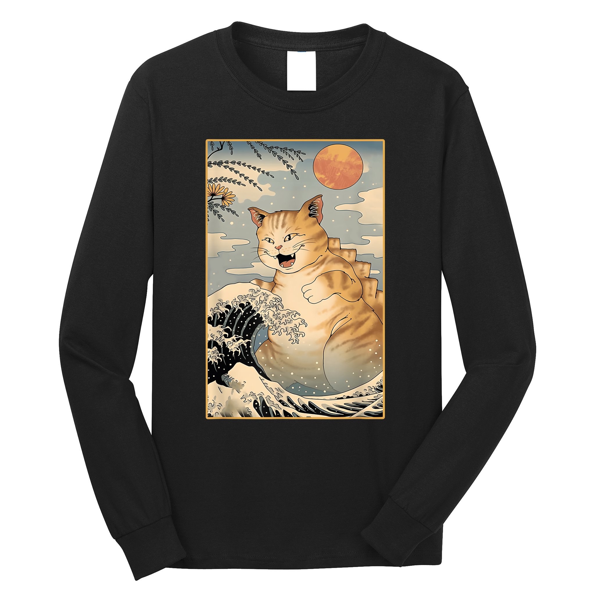 Catzilla Vintage Funny Cute Cat Art Japanese Sunset Kitten Lovers Long Sleeve Shirt