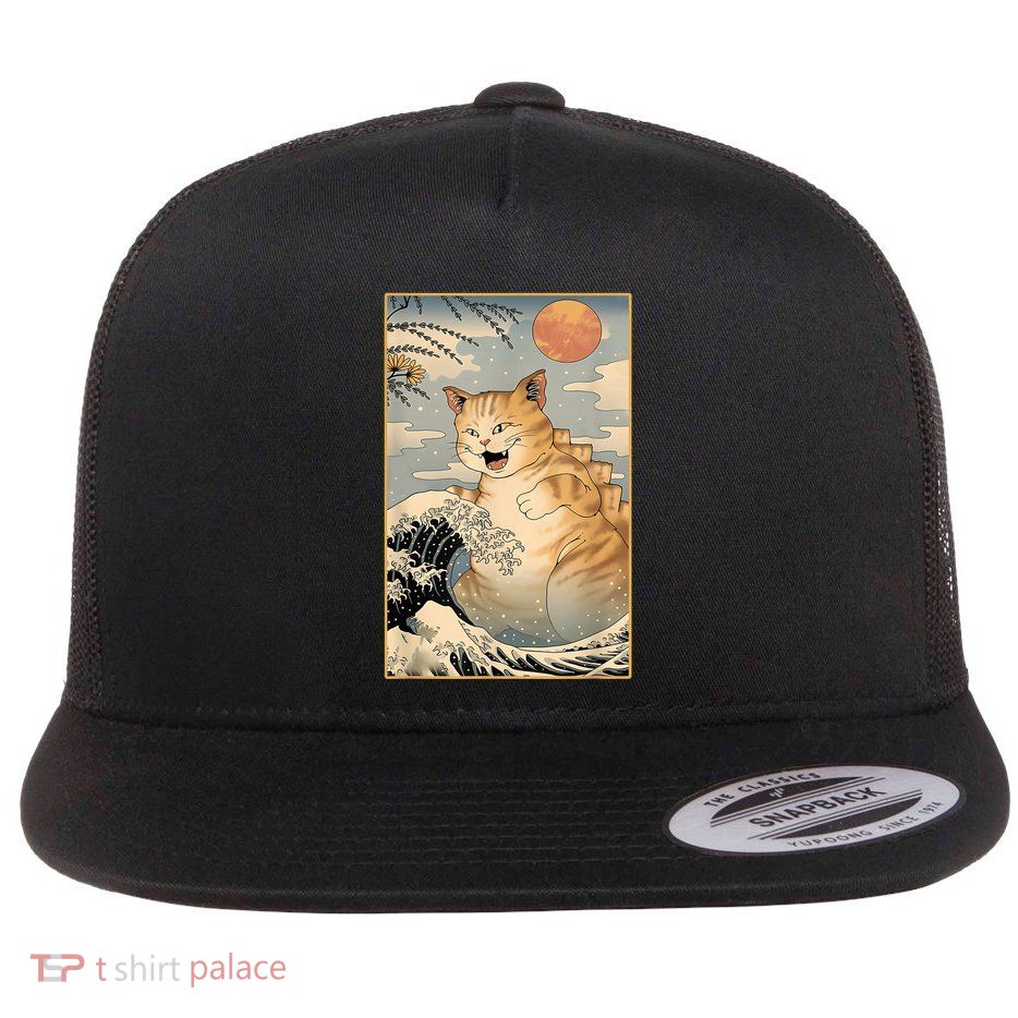 Catzilla Vintage Funny Cute Cat Art Japanese Sunset Kitten Lovers Flatbill Hat