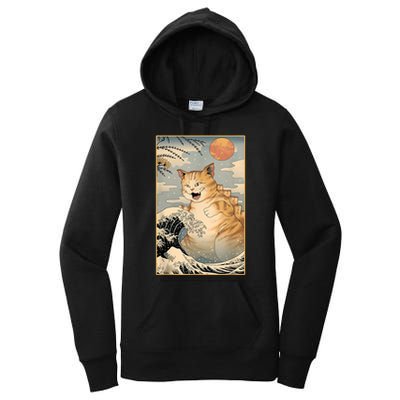 Catzilla Vintage Funny Cute Cat Art Japanese Sunset Kitten Lovers Women's Pullover Hoodie