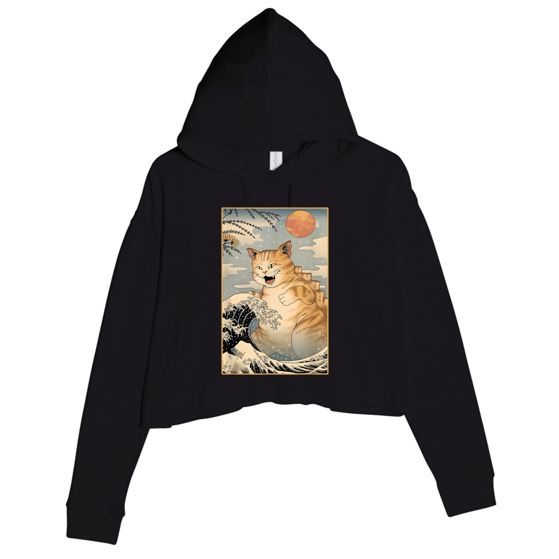 Catzilla Vintage Funny Cute Cat Art Japanese Sunset Kitten Lovers Crop Fleece Hoodie
