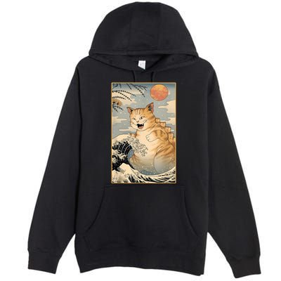 Catzilla Vintage Funny Cute Cat Art Japanese Sunset Kitten Lovers Premium Pullover Hoodie