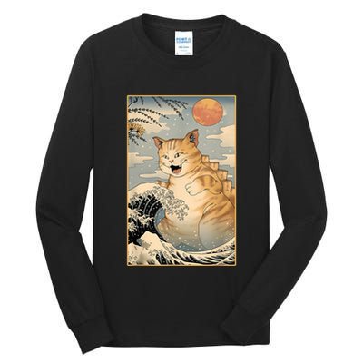 Catzilla Vintage Funny Cute Cat Art Japanese Sunset Kitten Lovers Tall Long Sleeve T-Shirt