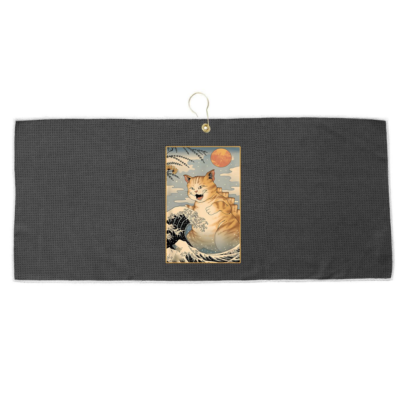 Catzilla Vintage Funny Cute Cat Art Japanese Sunset Kitten Lovers Large Microfiber Waffle Golf Towel
