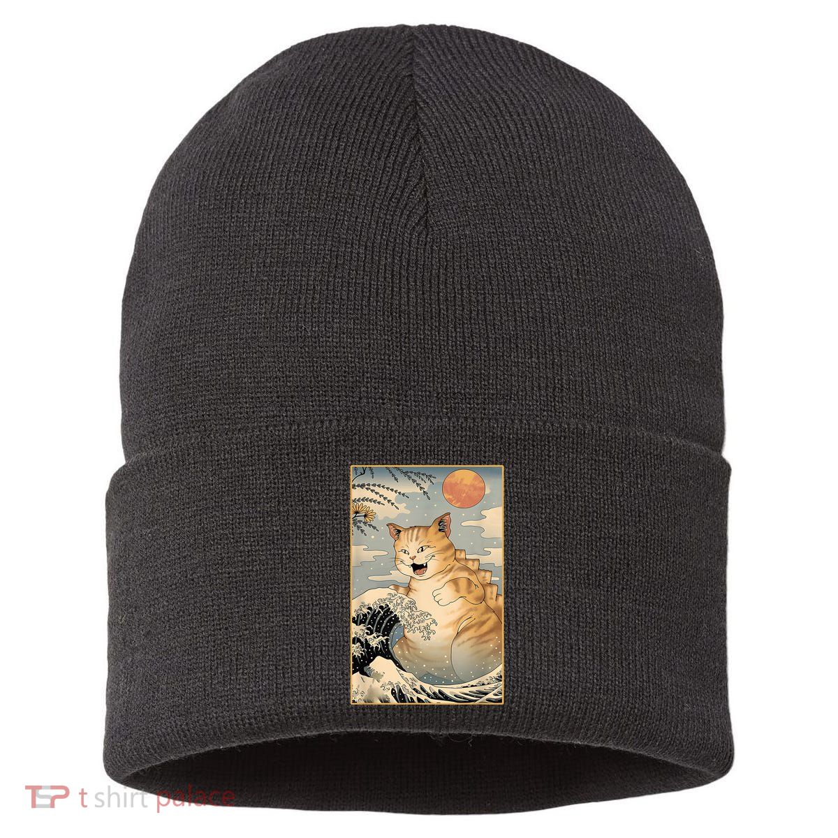 Catzilla Vintage Funny Cute Cat Art Japanese Sunset Kitten Lovers Sustainable Knit Beanie