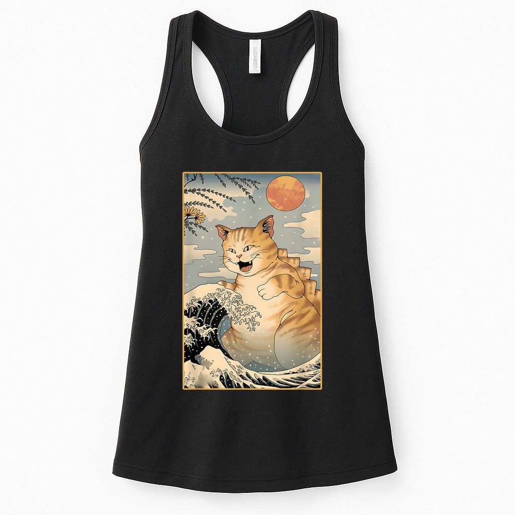 Catzilla Vintage Funny Cute Cat Art Japanese Sunset Kitten Lovers Womens Tank Top