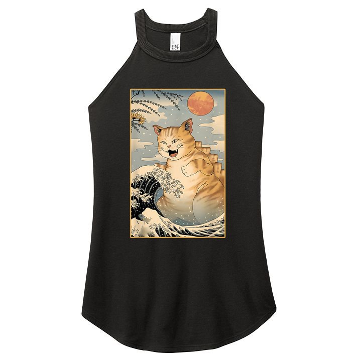 Catzilla Vintage Funny Cute Cat Art Japanese Sunset Kitten Lovers Women's Perfect Tri Rocker Tank