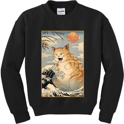 Catzilla Vintage Funny Cute Cat Art Japanese Sunset Kitten Lovers Kids Sweatshirt
